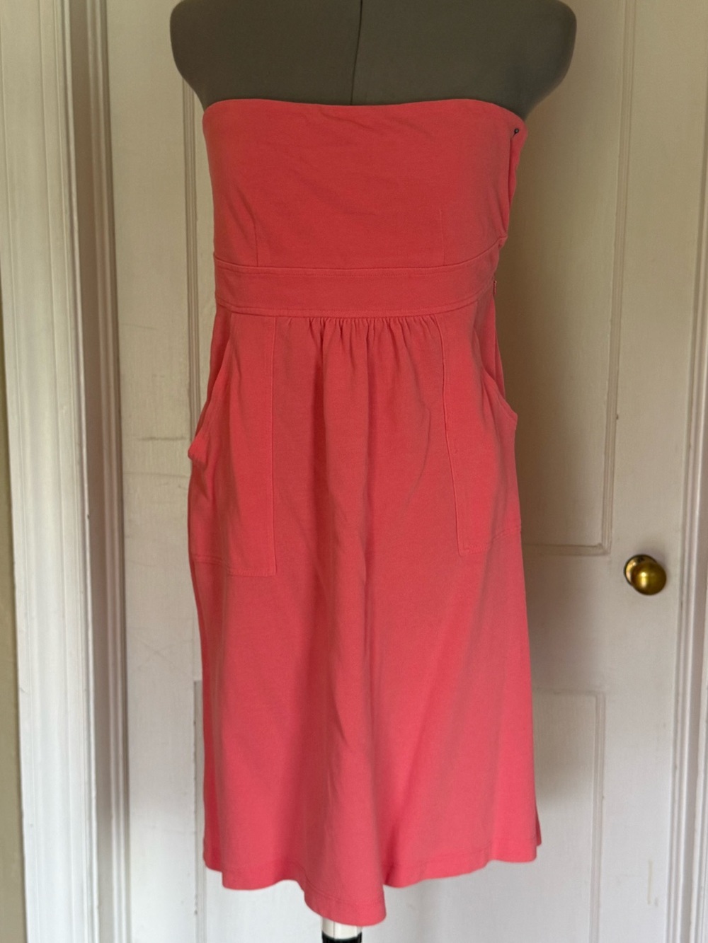 Coral pique strapless sundress with POCKETS